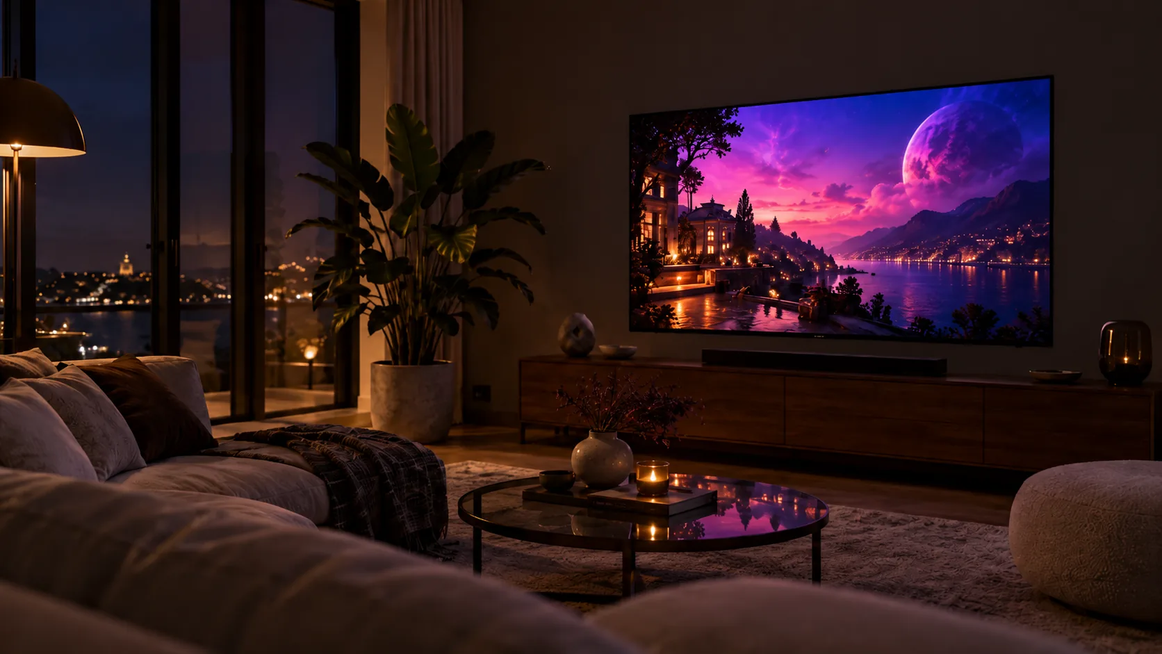 Woonkamer met tv, ledstrip uit